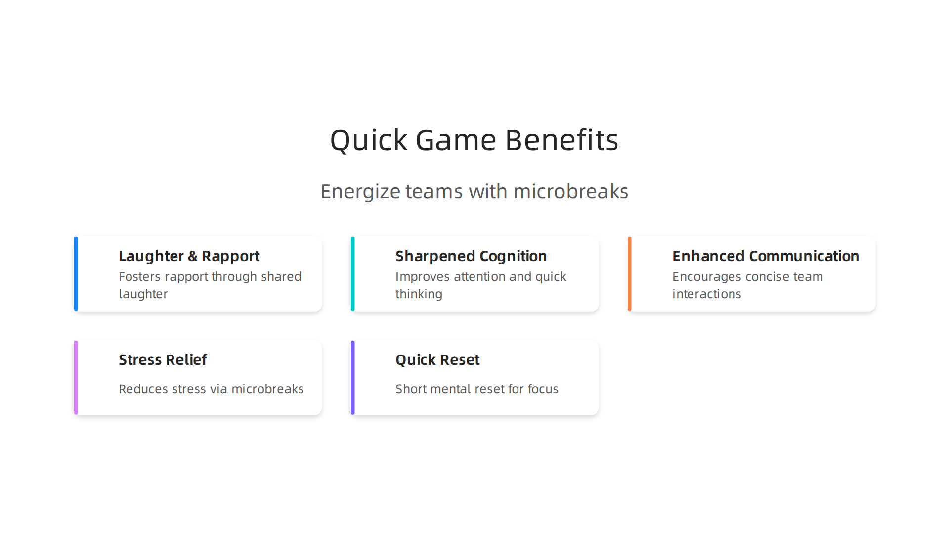 An infographic illustrating the diverse benefits of quick browser games for teams, including boosting communication, sharpening cognitive skills, fostering rapport through shared laughter, and relieving stress.