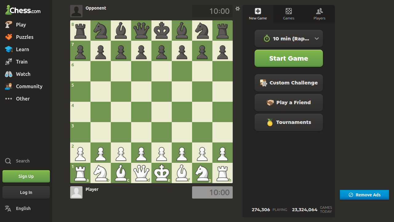 The user interface of Chess.com showing a timed blitz game in progress, ready for two players to engage in a fast-paced mental workout.