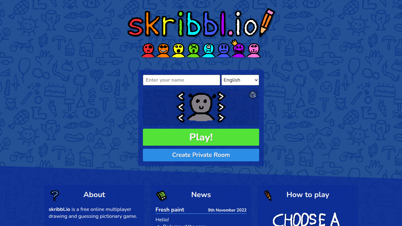 The clean and simple interface of Skribbl.io, ready for players to create a private room and share a link for a guessing and drawing game.