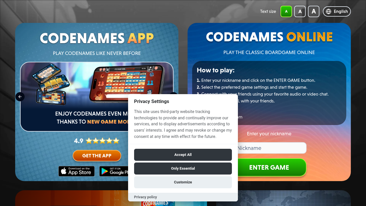 The Codenames Online game board displaying clue words and agent cards, set up for a cooperative two-player game focused on strategic word association and communication.