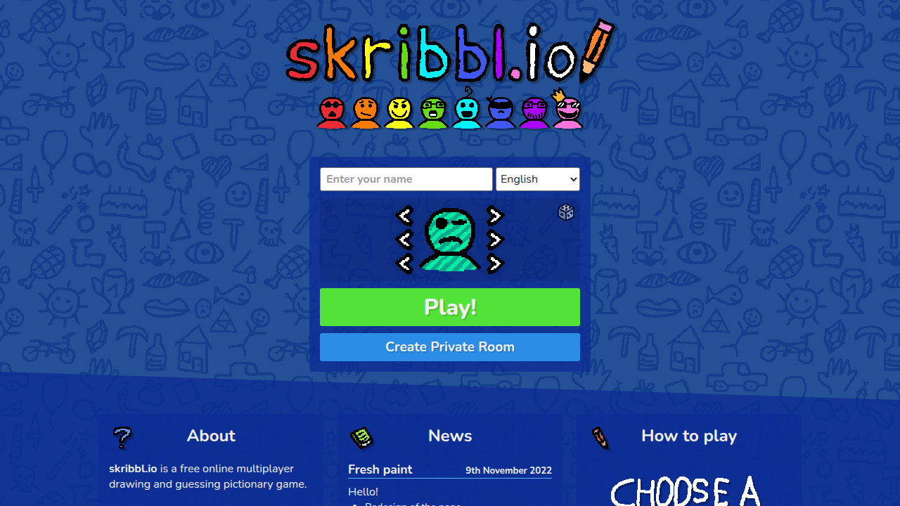 A screenshot of Skribbl.io, a free online game where players draw words and others guess them, fostering quick thinking and communication.