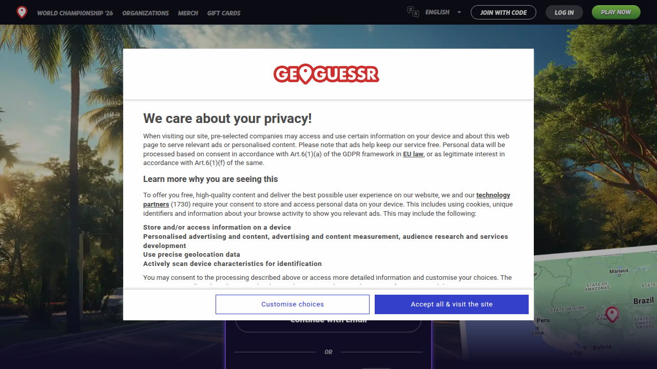 A screenshot of the GeoGuessr homepage, inviting players to identify global locations based on street view images, promoting cultural awareness and observation.