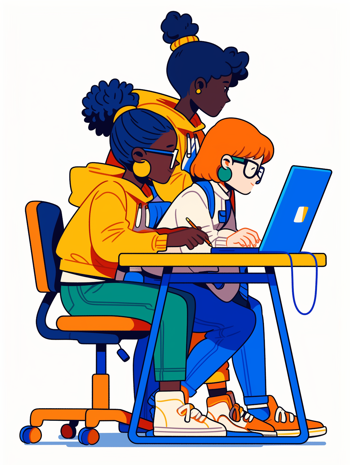 Team members in a hybrid setting, some in-person and some remote on screens, all contributing to a shared digital coloring page, fostering connection and trust.