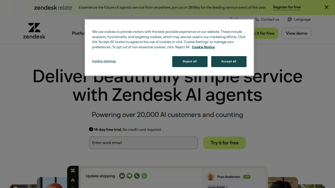 The homepage of Zendesk, a platform mentioned for its insights on remote team building and culture.