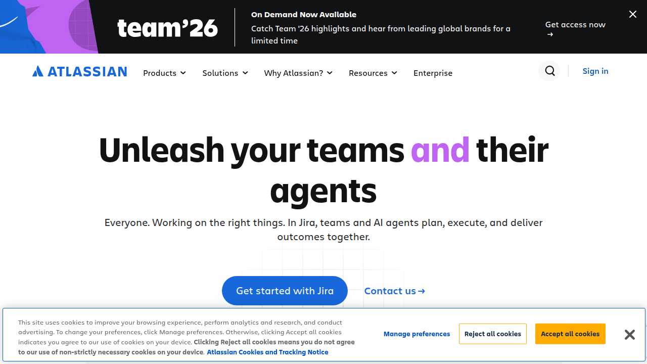 A screenshot of the Atlassian homepage, known for its tools that facilitate cross-functional teamwork and project collaboration.