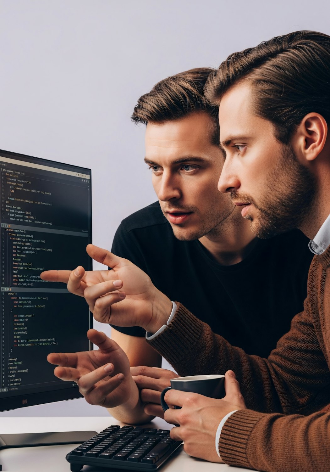 Remote team members are seen on individual screens, actively discussing and solving a complex problem together, demonstrating online collaboration.