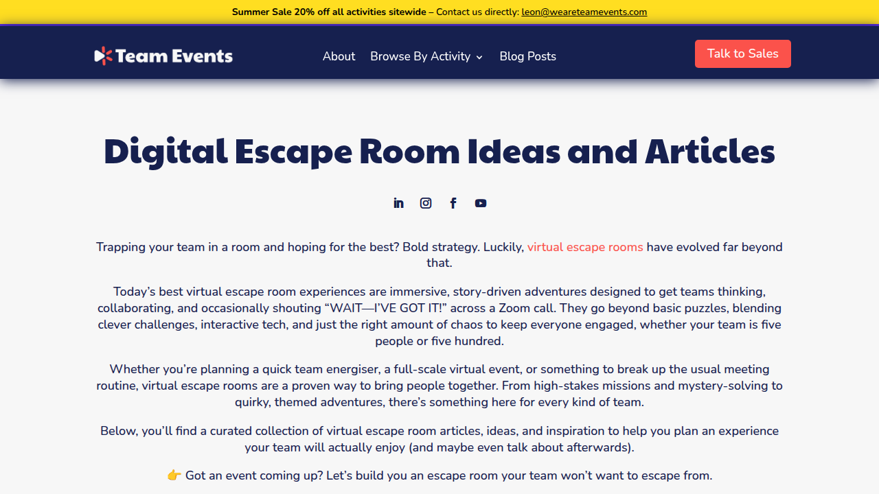 WeAreTeamEvents.com features virtual escape rooms like 'Stranded: The Arctic Escape', designed to enhance team communication and collaboration.