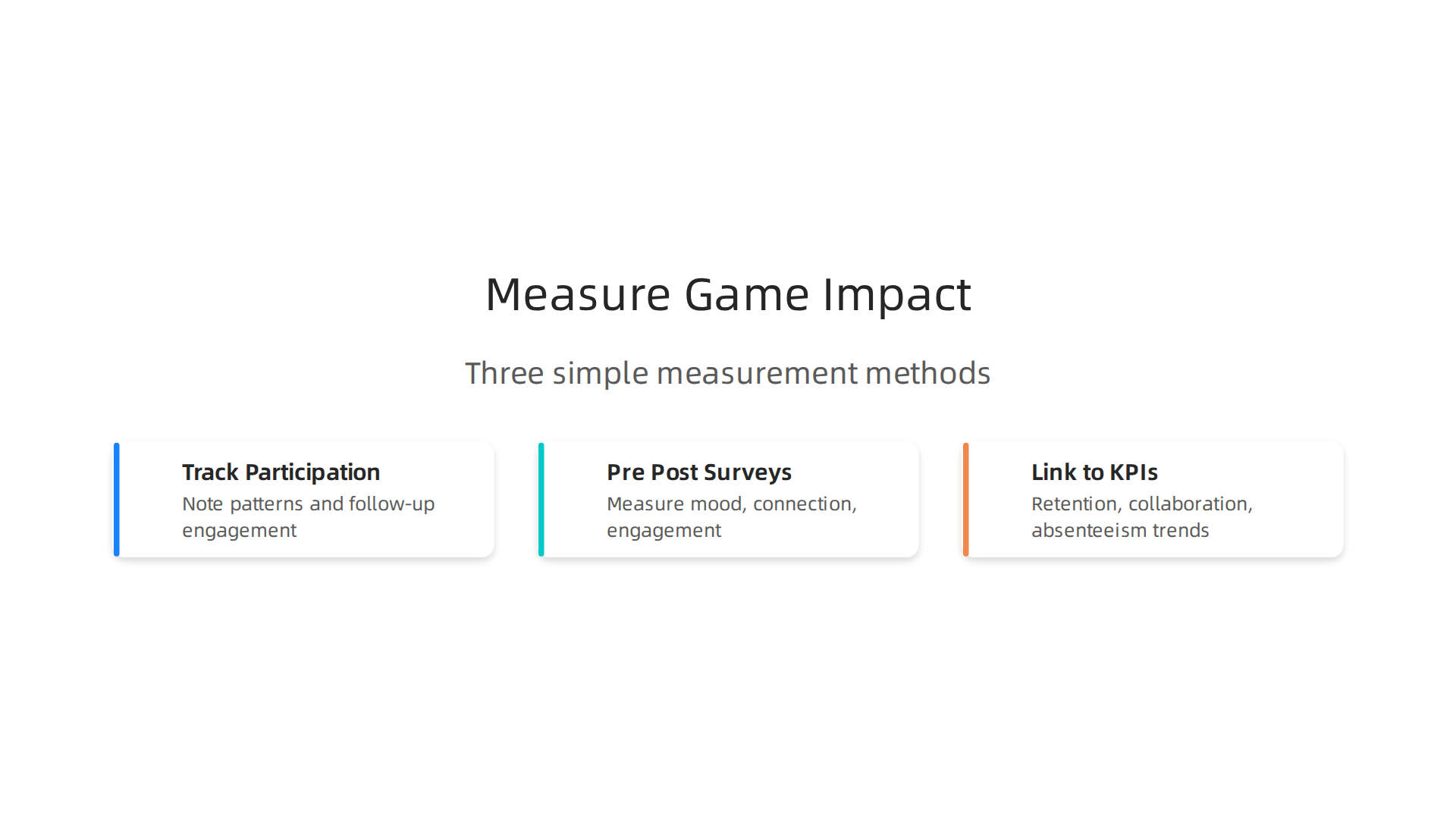 Key strategies for measuring the effectiveness and business impact of team game initiatives.