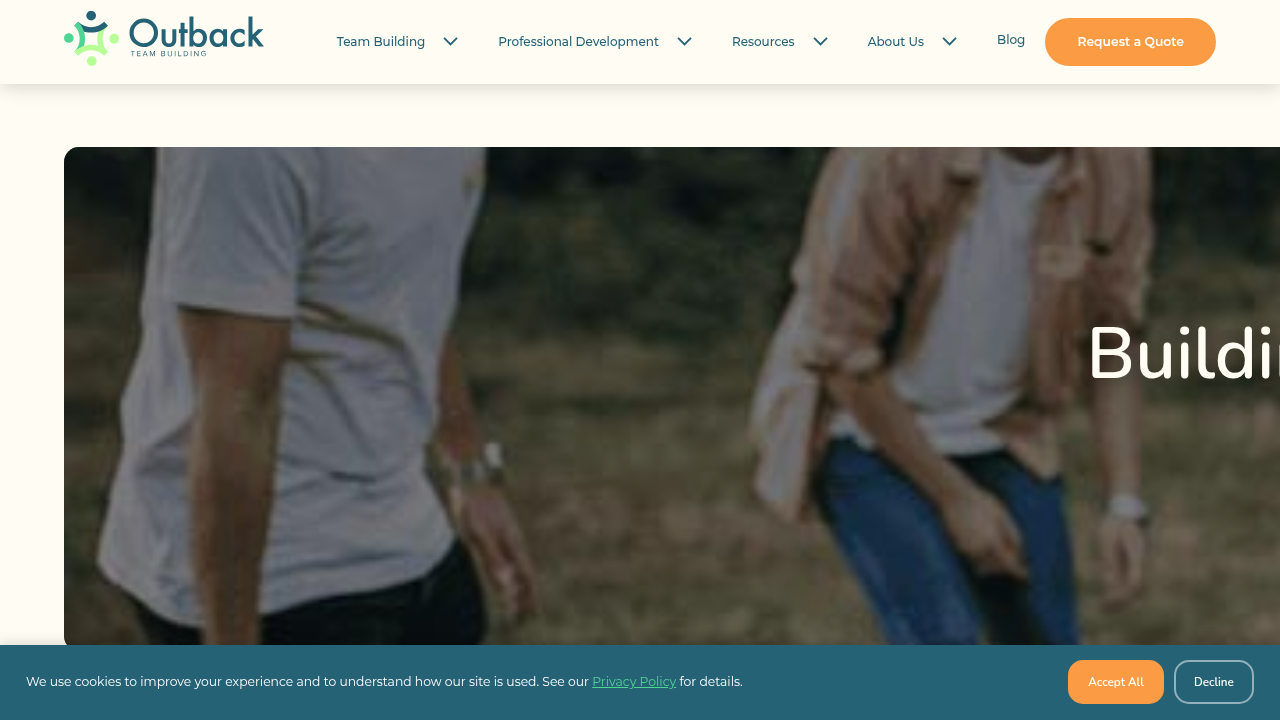 The homepage of Outback Team Building, a resource for virtual and in-person team experiences.