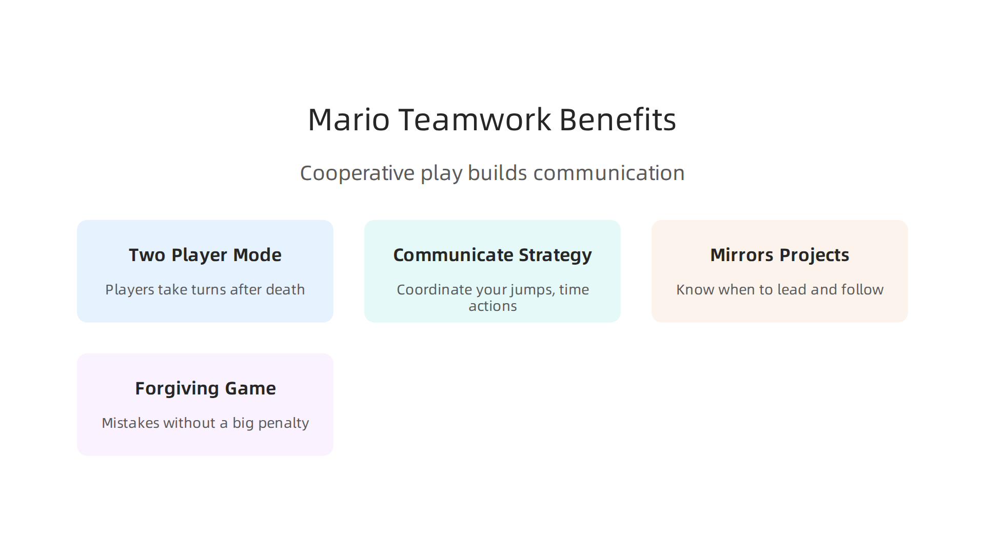 How Super Mario World fosters teamwork through cooperative gameplay mechanics.