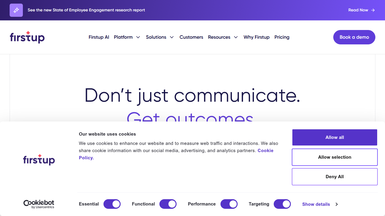 A screenshot of the Firstup website, a platform for employee communication and engagement.