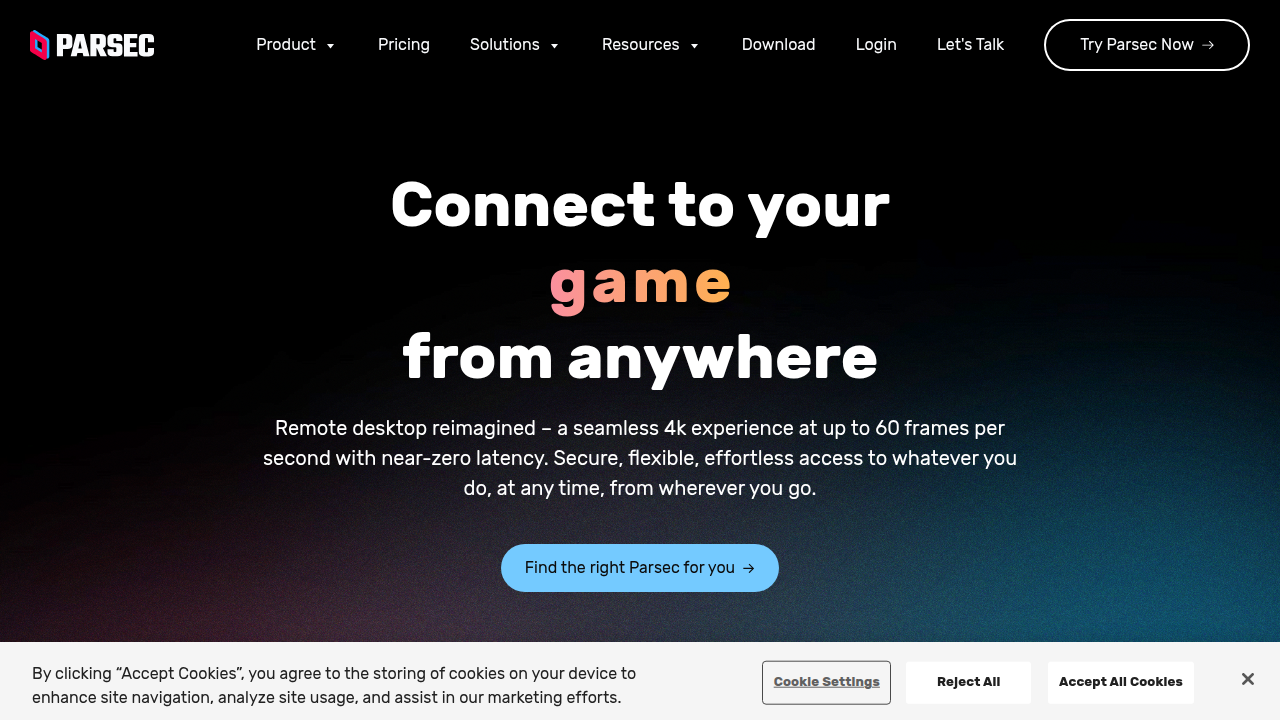 A screenshot of the Parsec website, a platform for streaming games with friends remotely.