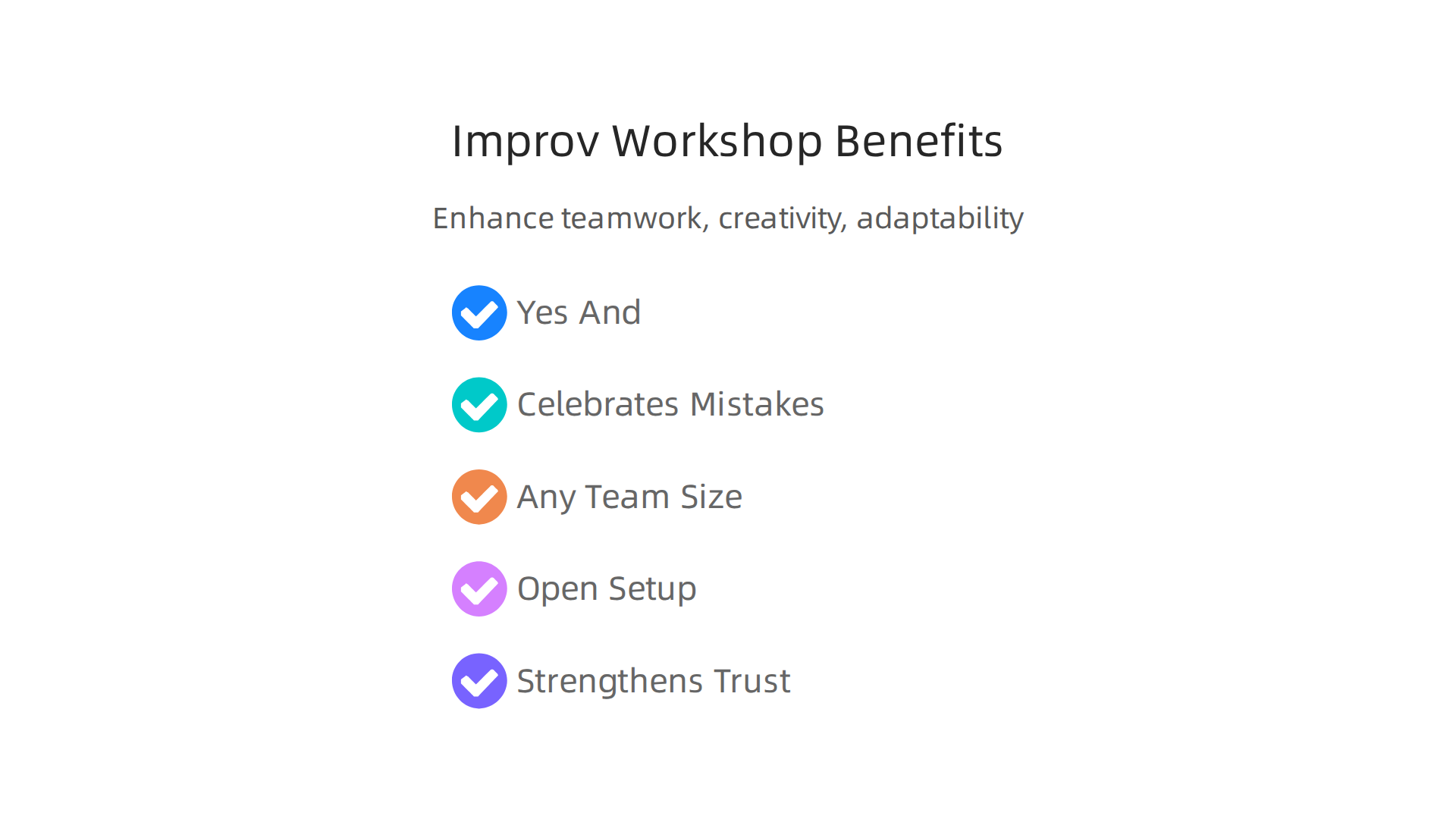 Key benefits of improv workshops for enhancing team communication, creativity, and adaptability in a fun environment.