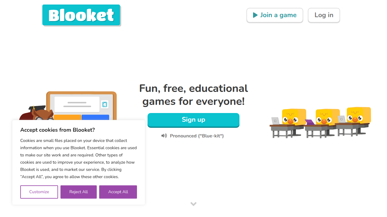 The Blooket homepage, showing the platform's user-friendly interface for creating and joining games.
