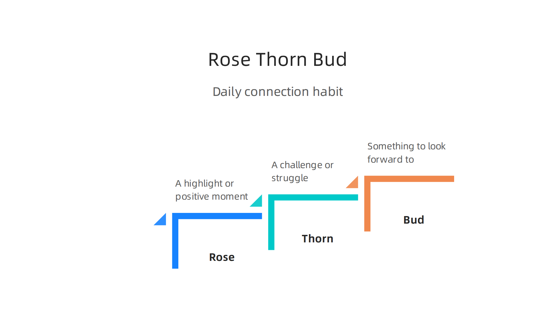 A quick guide to the 'Rose, Thorn, Bud' check-in format for daily team connection, covering highlights, challenges, and future hopes.