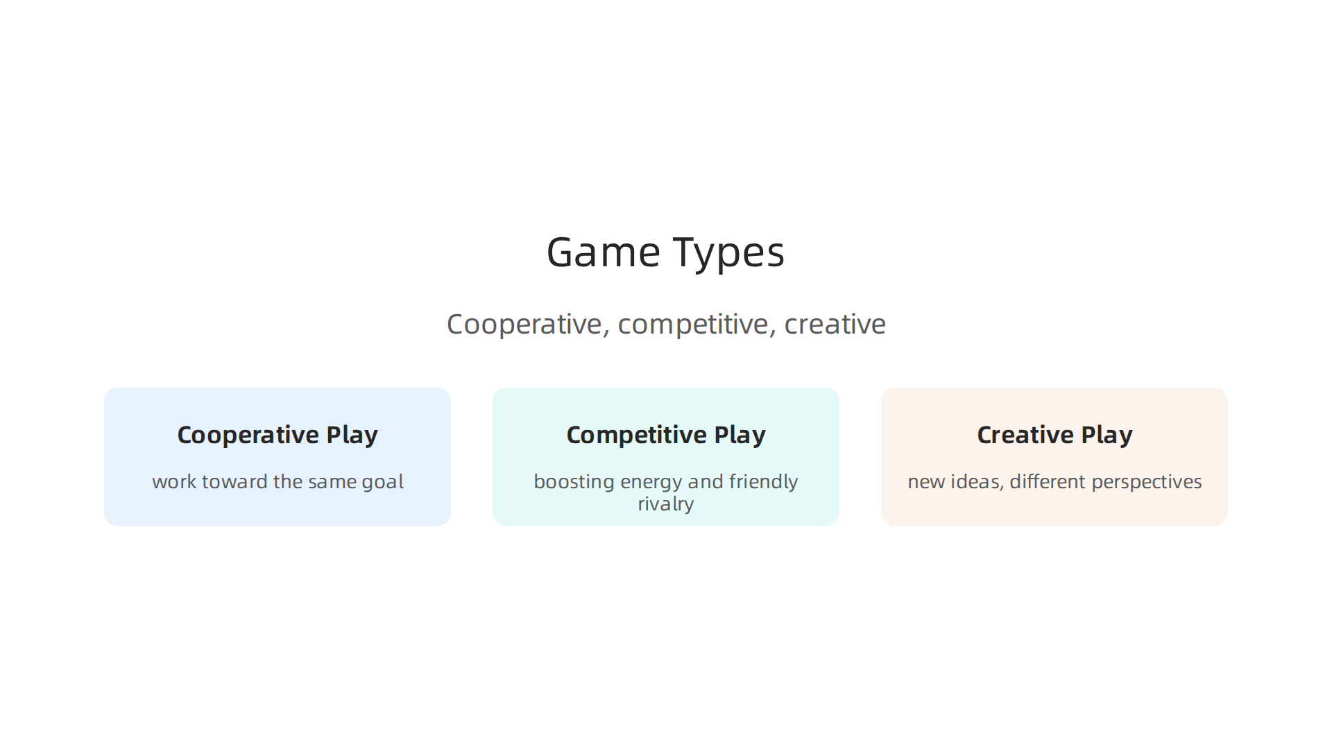 Explore how cooperative, competitive, and creative game types can build diverse skills, from collaboration to innovative thinking, within your team.