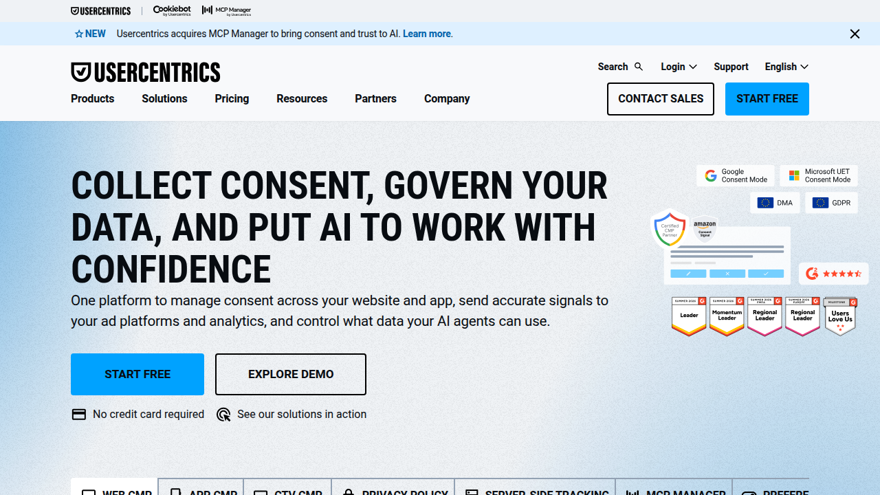 Homepage of Usercentrics, a platform addressing data privacy and consent management for online publishers.
