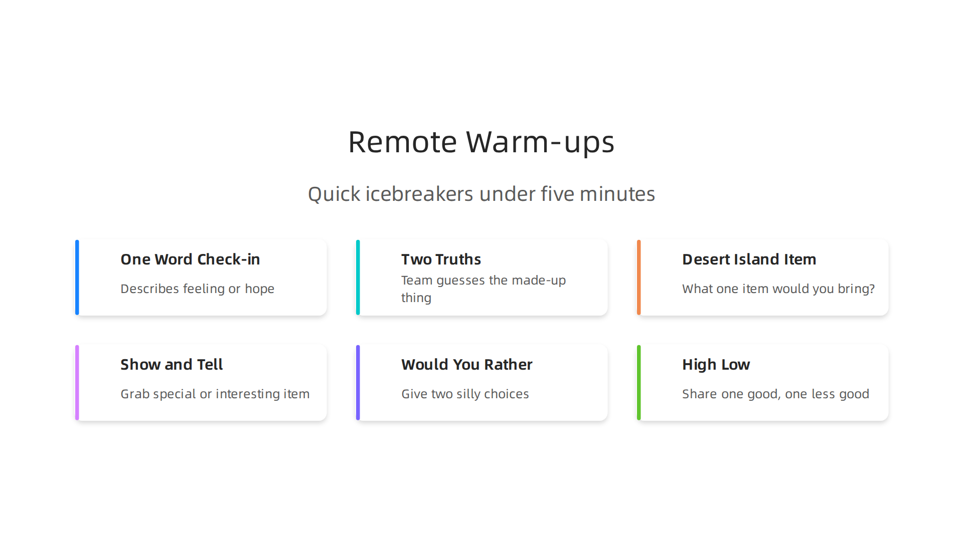 Practical and short ice breaker ideas designed specifically for remote team meetings.