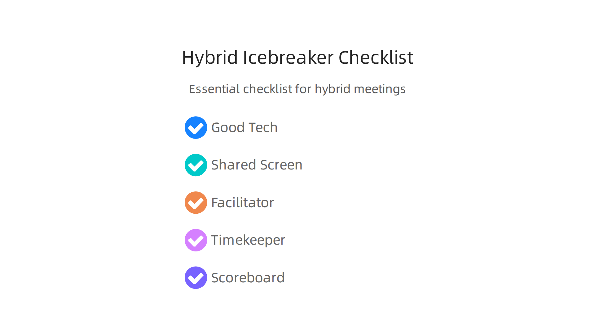 Essential checklist for ensuring smooth and engaging ice breakers in hybrid meeting environments.