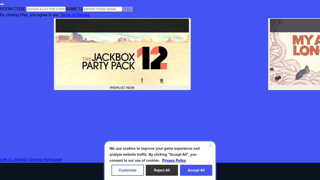 The jackbox.tv interface where players enter a four-letter room code to join an ongoing game.